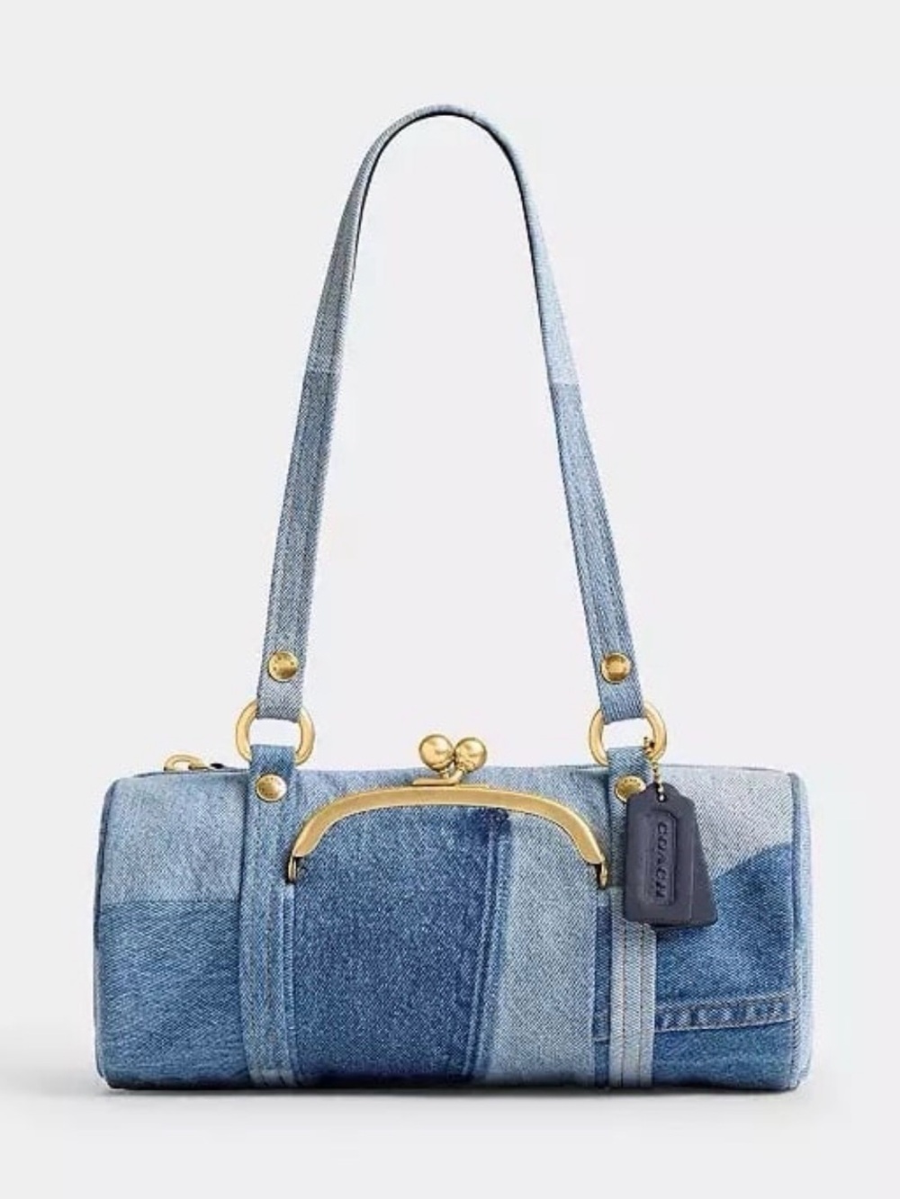 Coach Kisslock Barrel Bag 28 in Repurposed Denim & Soft Leather Brass/Indigo NWT - Picture 6 of 13